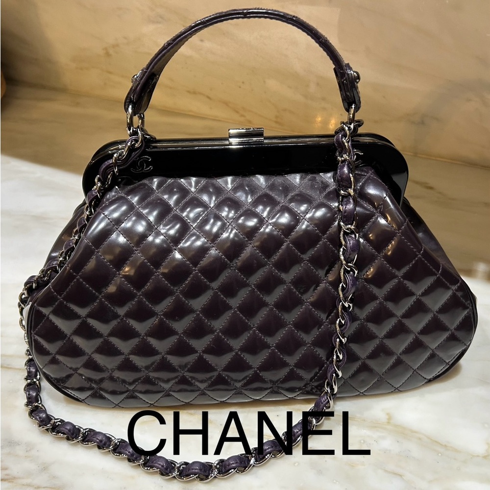 CHANEL Quilted Patent Leather Top Handle Bag with Gunmetal Hardware. LIKE NEW